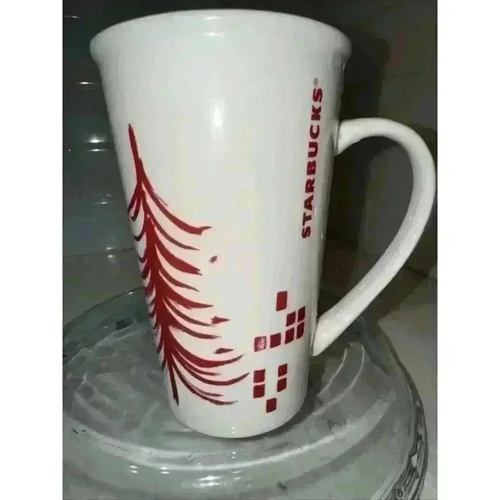 Starbucks 2014 Tall White Mug w/ Red Pine Tree Block Graphics 17.8 oz Preowned